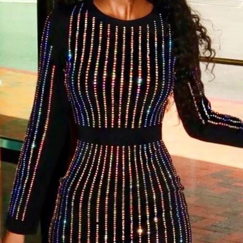 Rhinestone Long Sleeve Party Dress