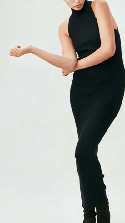 Ribbed Cashmere Sleeveless High Neck Dress
