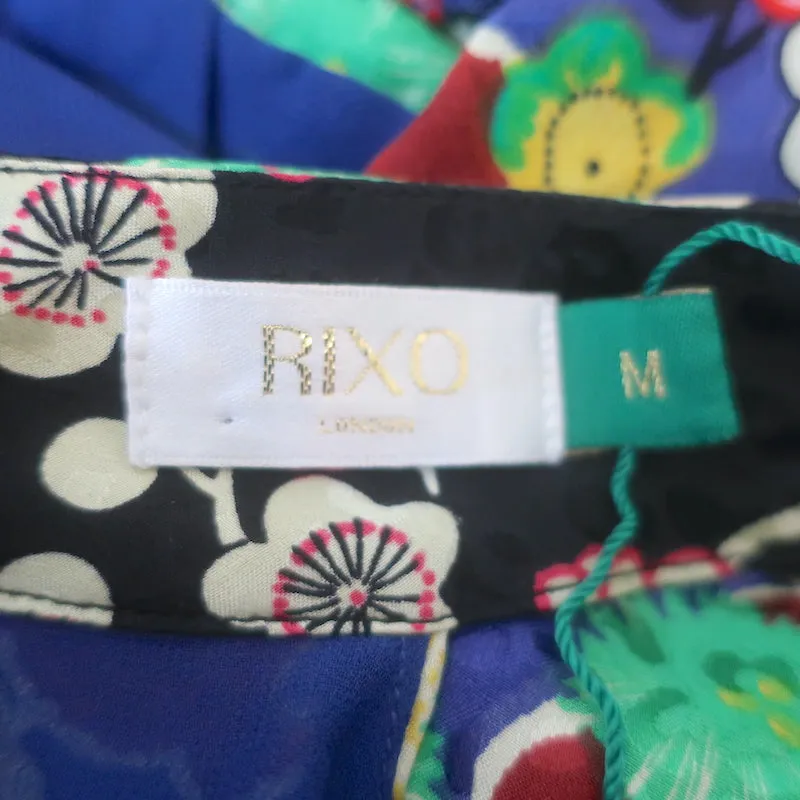 RIXO London Pearl Midi Dress Blue Cherry Blossom Print Silk Satin Size Medium