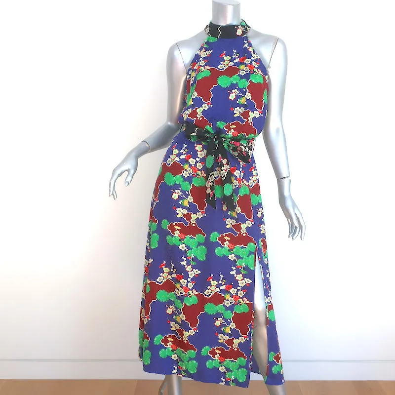 RIXO London Pearl Midi Dress Blue Cherry Blossom Print Silk Satin Size Medium