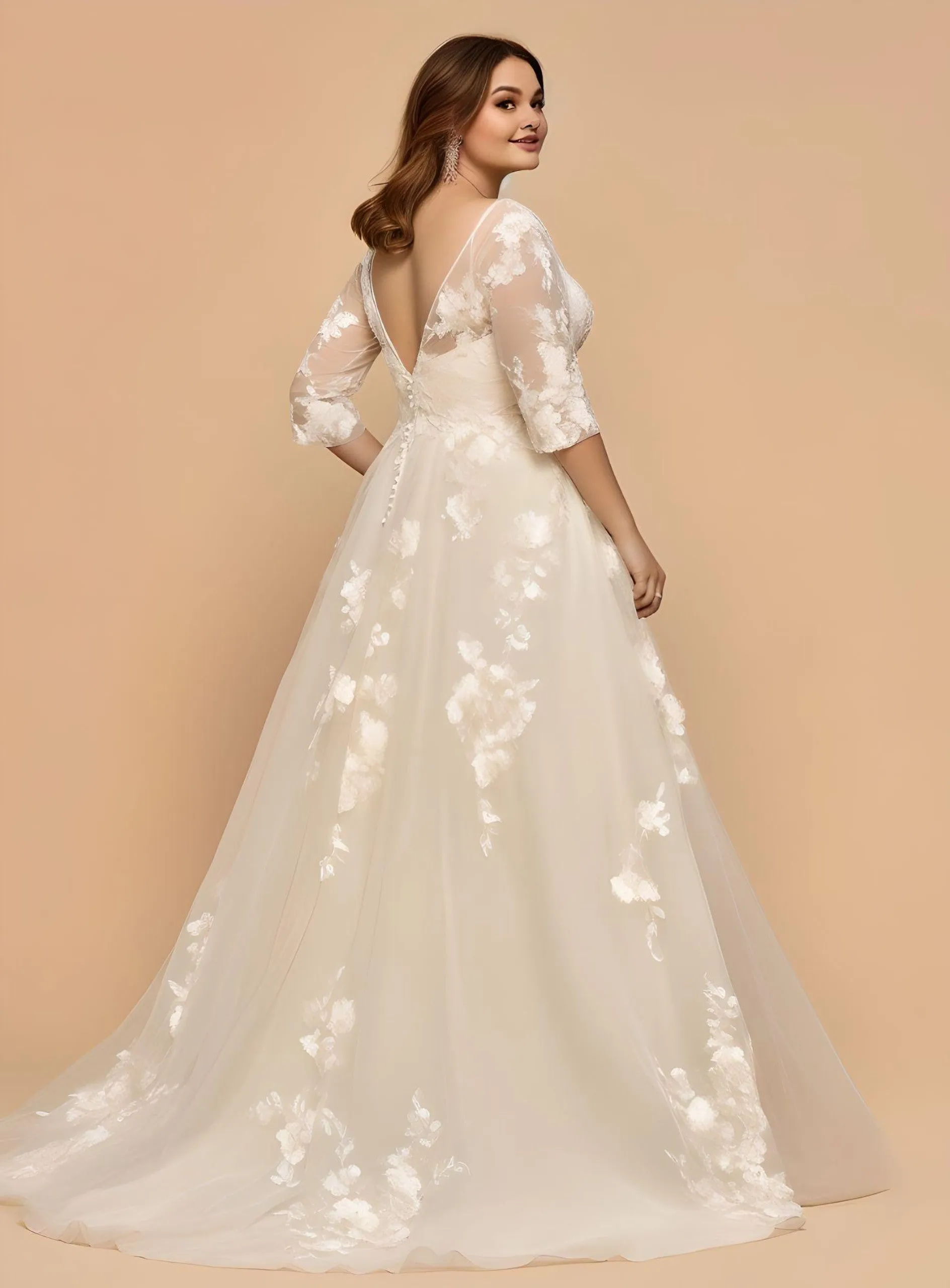 Romantic Plus Size A-Line V-neck Tulle Floor-length Wedding Dress Country Garden Simple Elegant 3/4 Length Sleeve-MW_760003