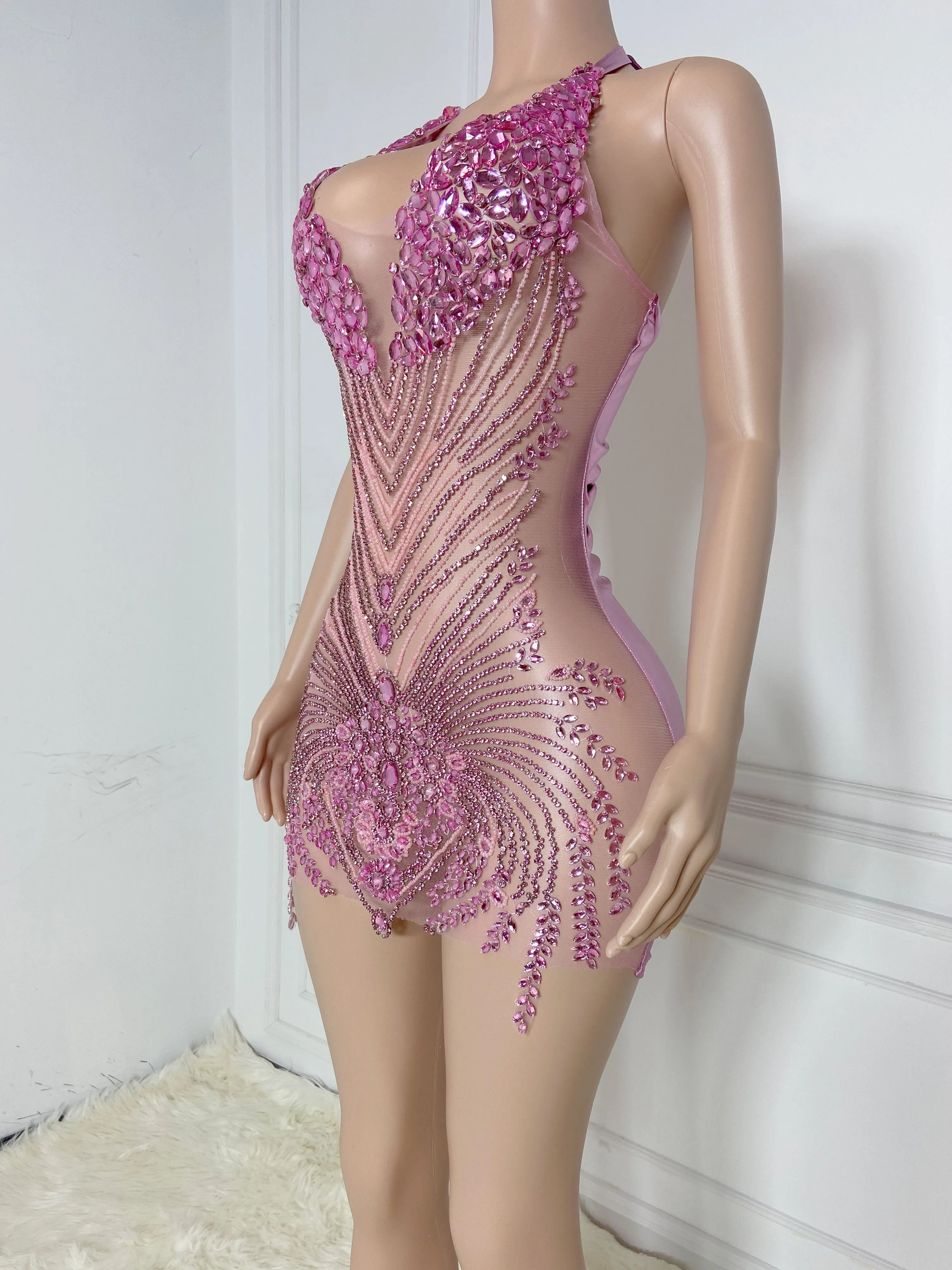 Rosy Glamour Rhinestone Mini Dress