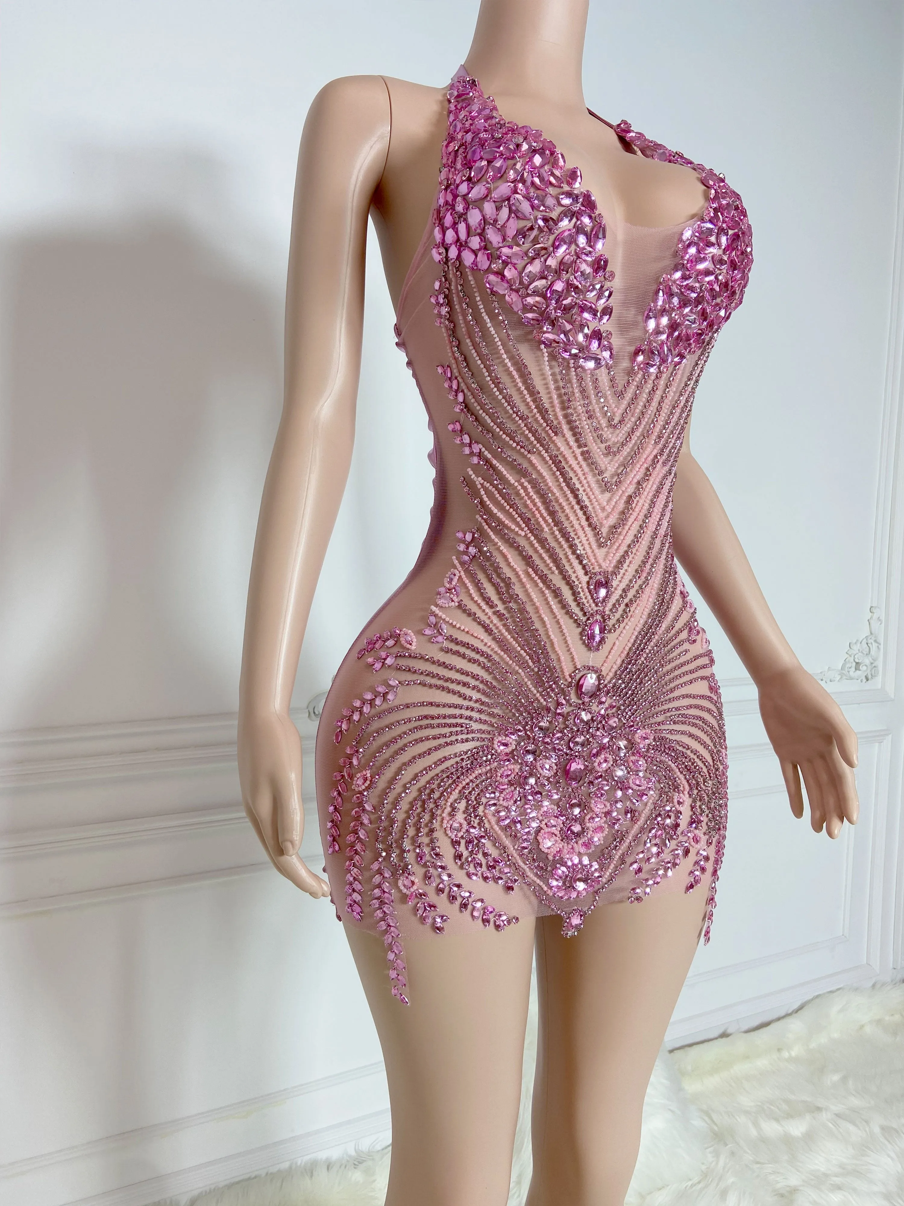 Rosy Glamour Rhinestone Mini Dress