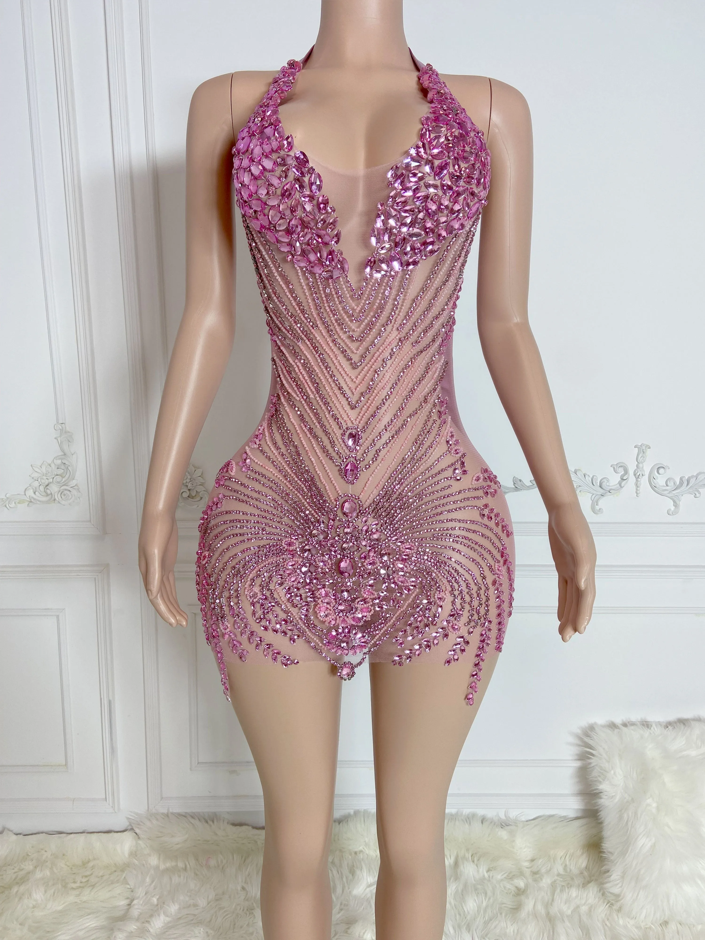 Rosy Glamour Rhinestone Mini Dress