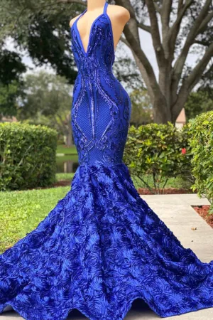 Royal Blue Mermaid Prom Dress with Halter Neckline and Open Back