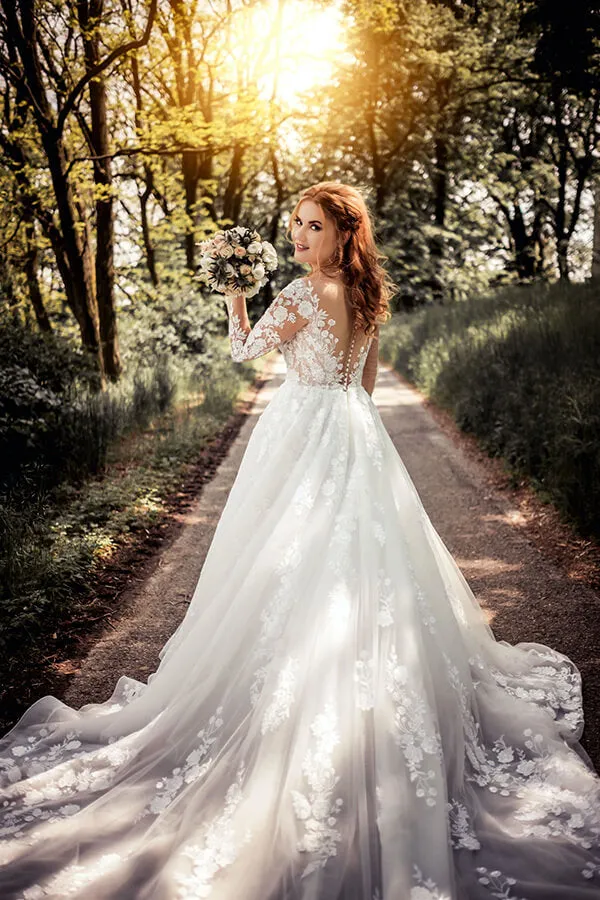 Roycebridal Gorgeous Tulle Lace Illusion Neck Long Sleeves Wedding Dresses, MW529