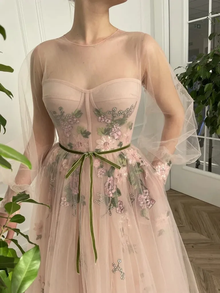 Roycebridal Meilani |A Line Scoop Long Sleeve Tulle Prom Dress with Floral Embroidery