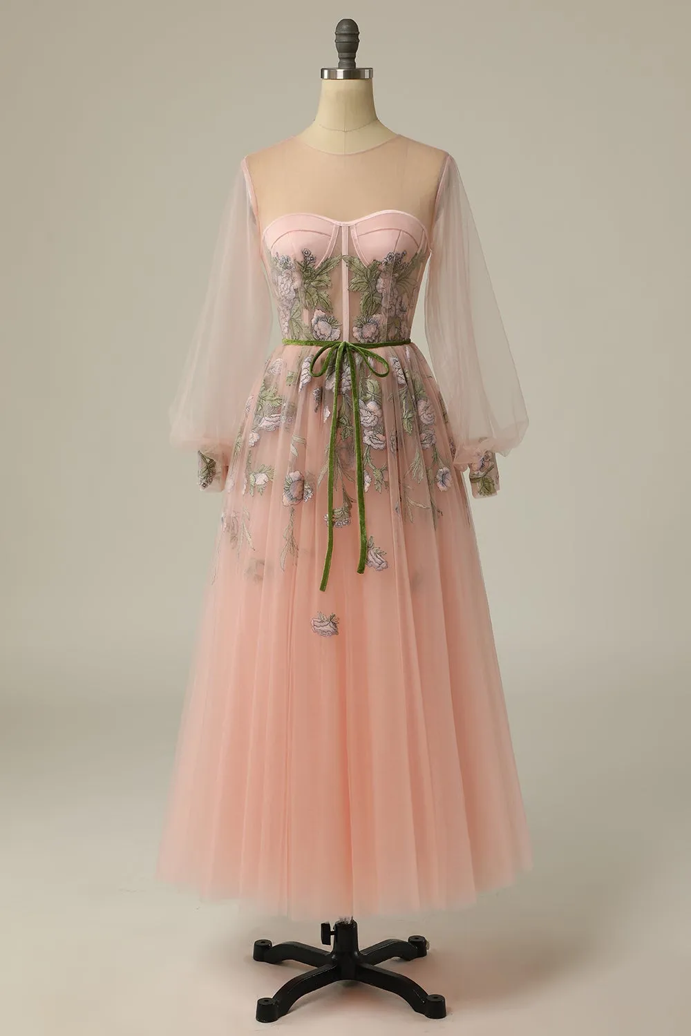 Roycebridal Meilani |A Line Scoop Long Sleeve Tulle Prom Dress with Floral Embroidery