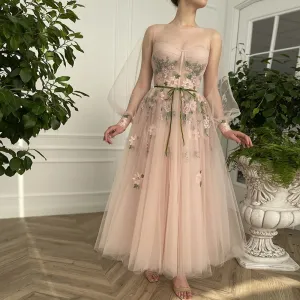 Roycebridal Meilani |A Line Scoop Long Sleeve Tulle Prom Dress with Floral Embroidery