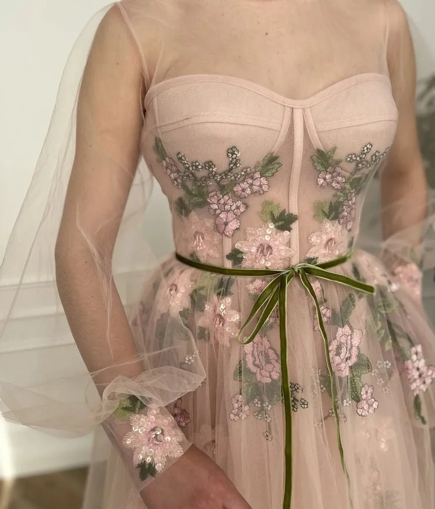 Roycebridal Meilani |A Line Scoop Long Sleeve Tulle Prom Dress with Floral Embroidery