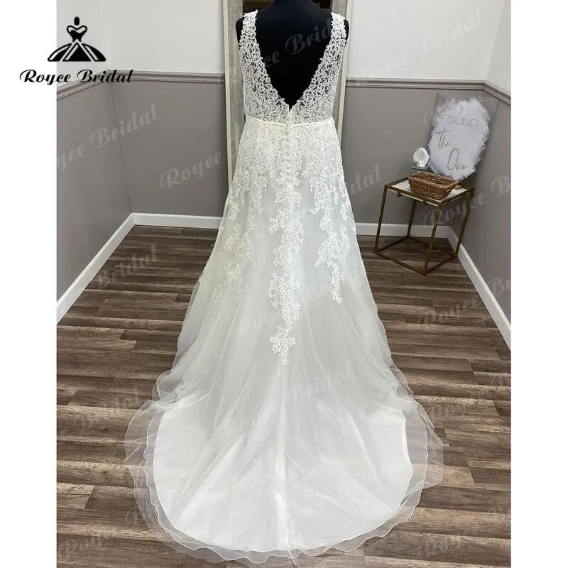 Roycebridal Plus Size V Neck Lace Appliques Backless Sweep Train Mermaid/Trumpet Wedding Dress vestido de boda corte sirena Elegant 2025