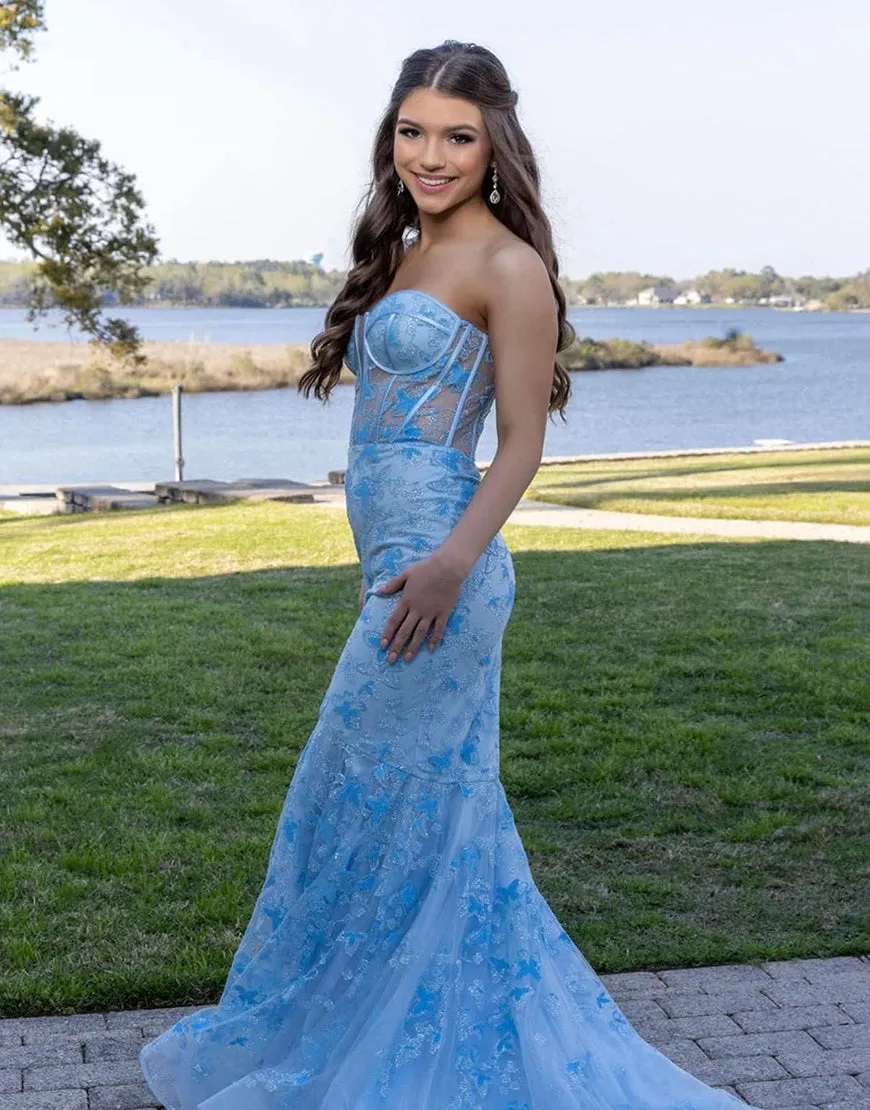 Roycebridal Ruth | Light Blue Gougeous Strapless Long Prom Dress With Appliques