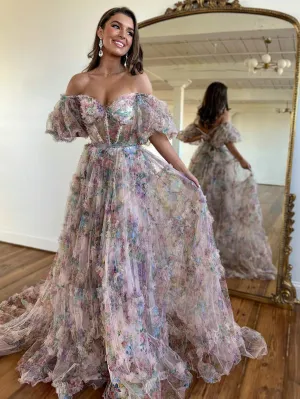Roycebridal Sydney |A Line Off The Shoulder Floral Tulle Prom Dress