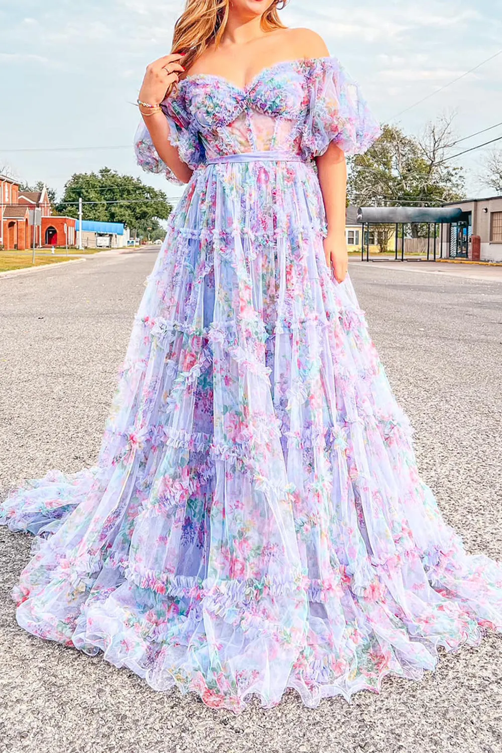 Roycebridal Sydney |A Line Off The Shoulder Floral Tulle Prom Dress