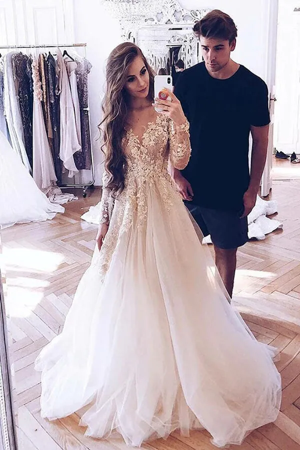 Roycebridal Tulle A-Line Long Sleeves Lace Appliques Wedding Dresses, Bridal Gown, MW822