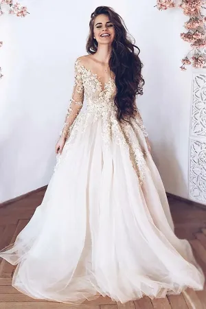 Roycebridal Tulle A-Line Long Sleeves Lace Appliques Wedding Dresses, Bridal Gown, MW822
