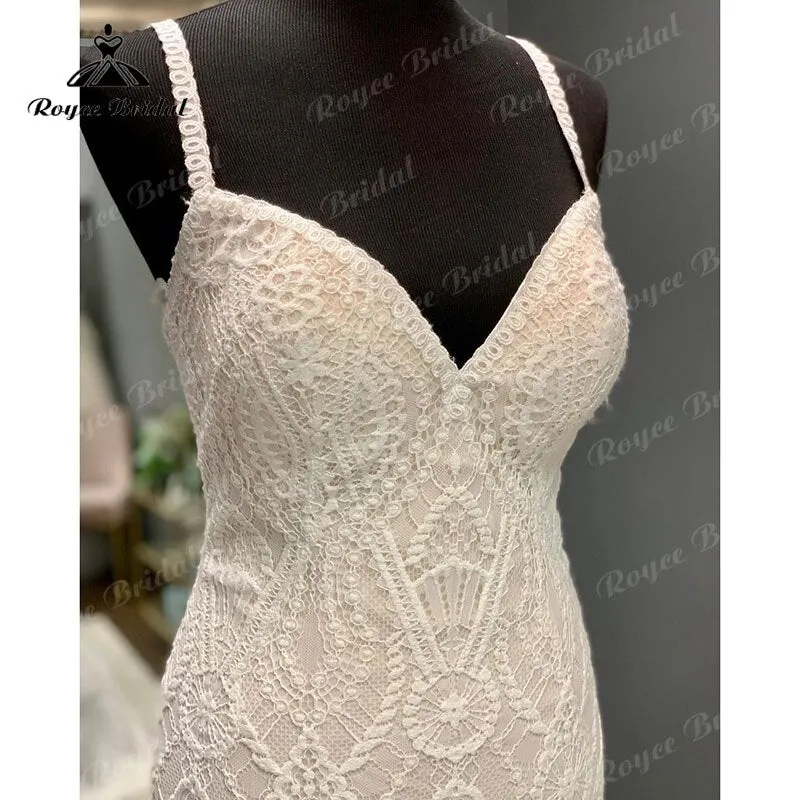 Roycebridal Vintage V Neck Lace Spaghetti Straps Mermaid/Trumpet Boho Wedding Dress 2025 Bridal Gowns Custom Made Robe Mariage Civil Sexy