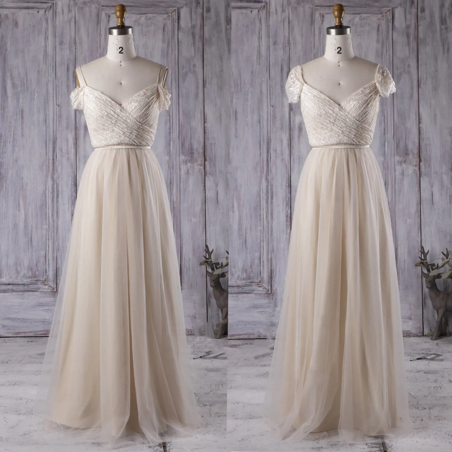 Ruching Lace& Tulle Bridesmaid Gown with Off-the-shoulder