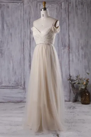 Ruching Lace& Tulle Bridesmaid Gown with Off-the-shoulder