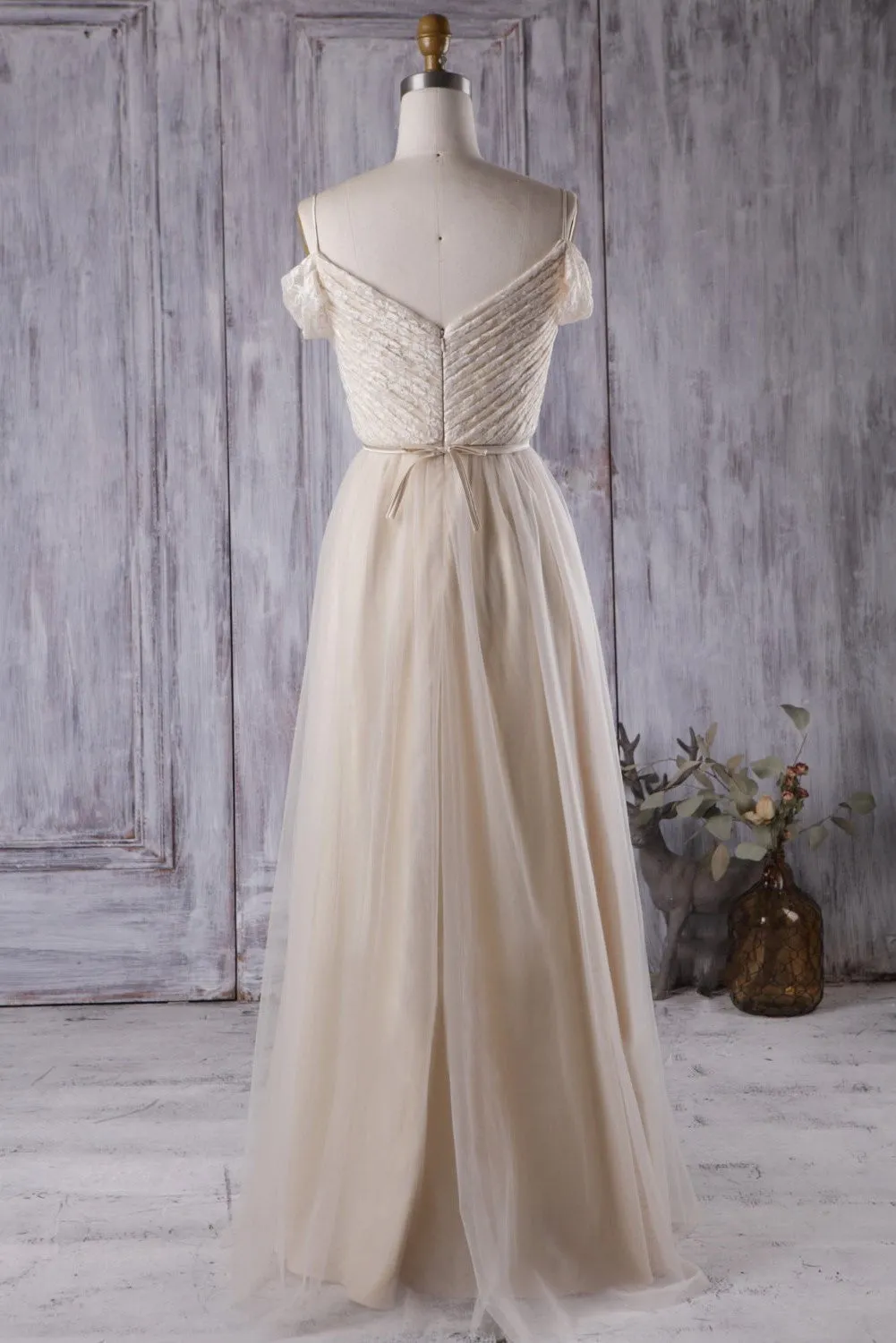 Ruching Lace& Tulle Bridesmaid Gown with Off-the-shoulder