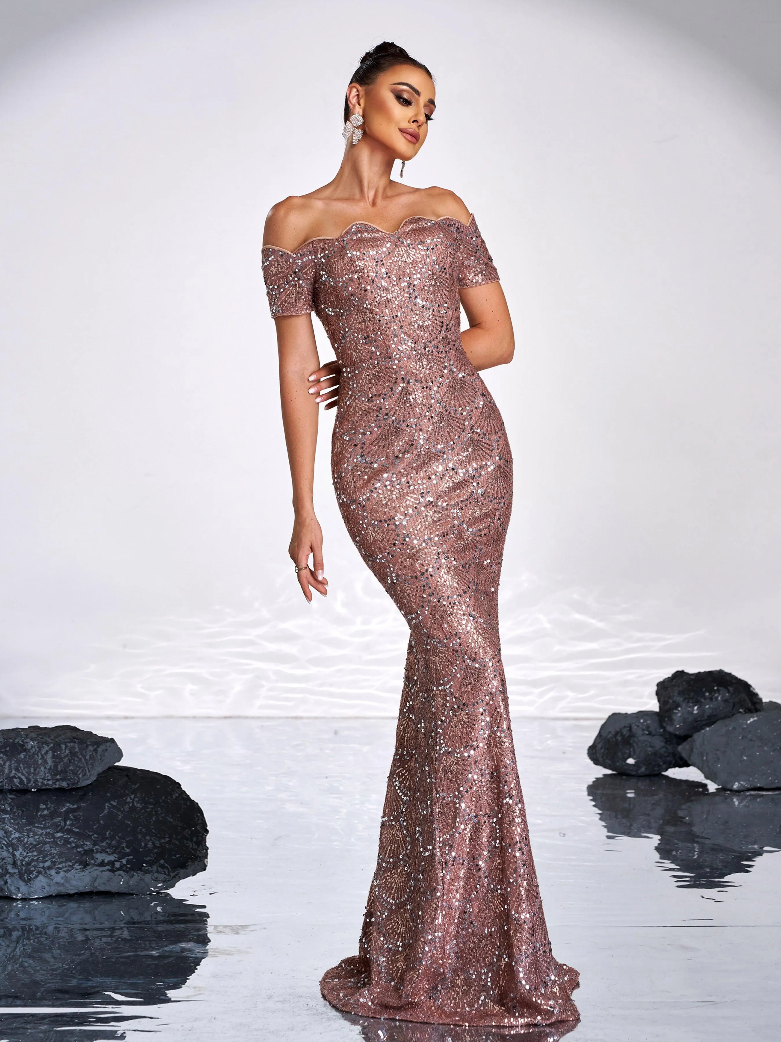 Ruffle Neck Black Sequin Evening Dress JMH3139