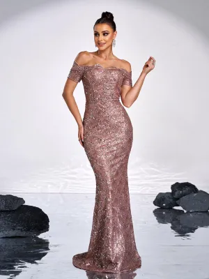 Ruffle Neck Black Sequin Evening Dress JMH3139