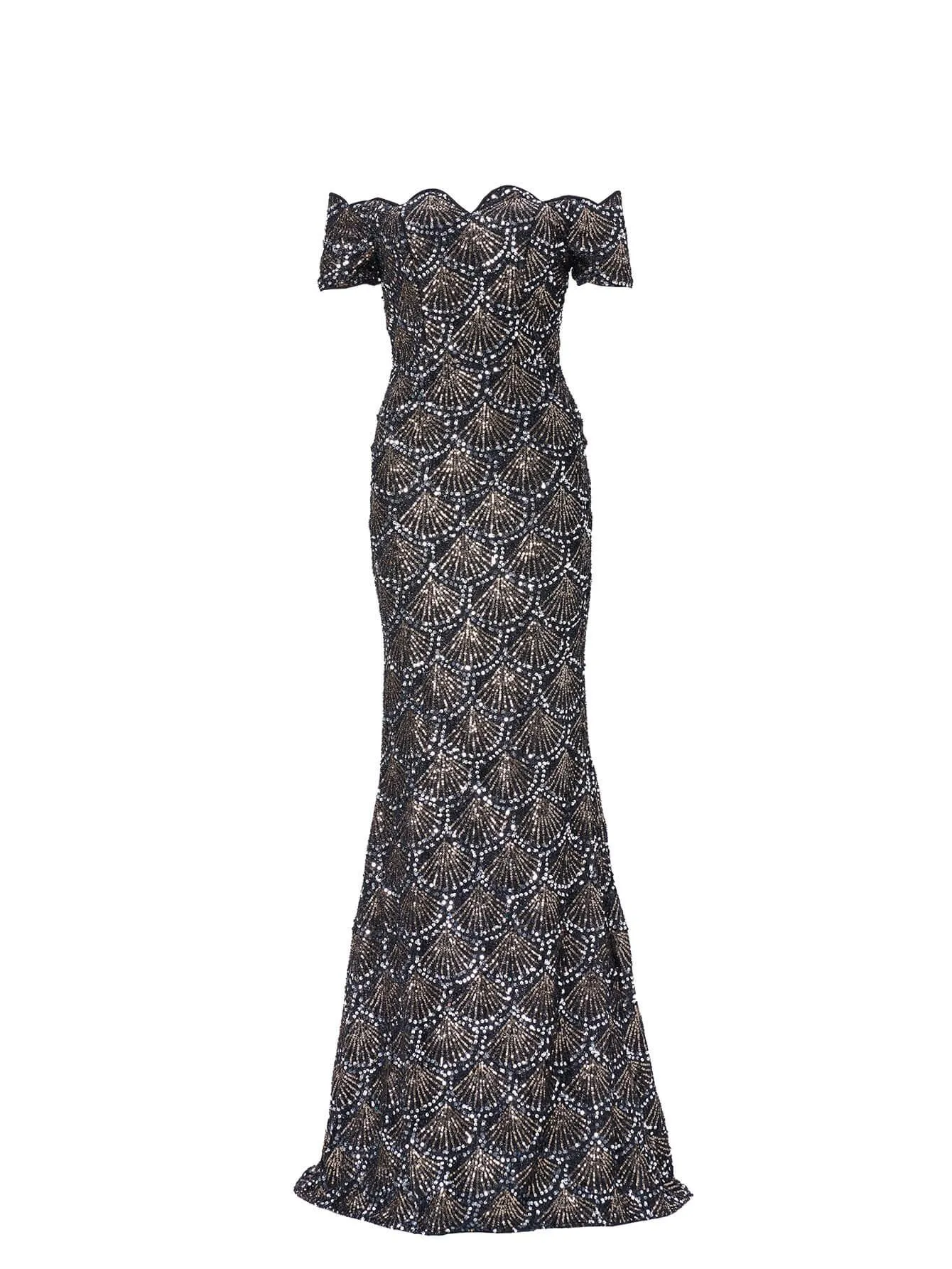 Ruffle Neck Black Sequin Evening Dress JMH3139