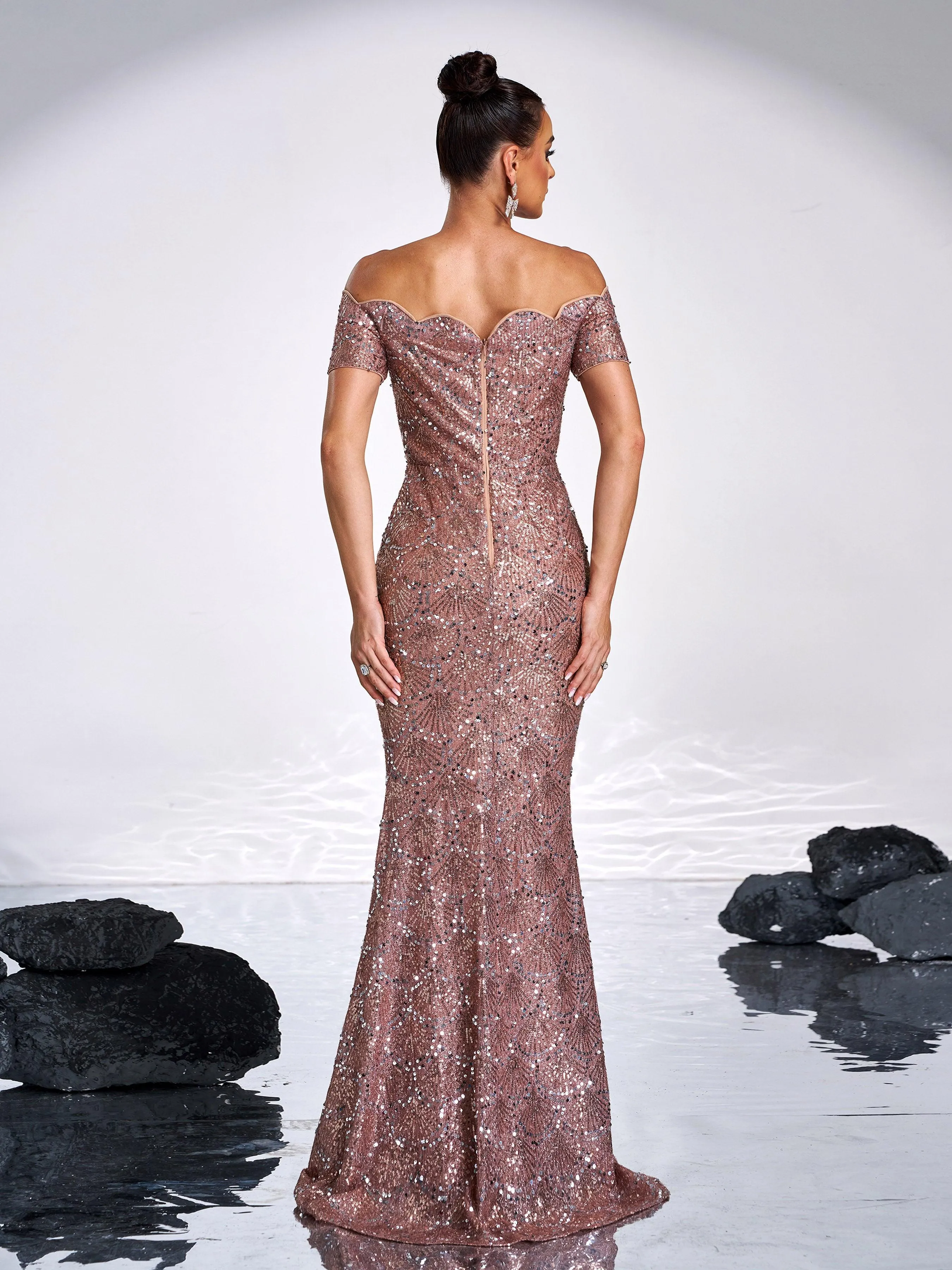 Ruffle Neck Black Sequin Evening Dress JMH3139