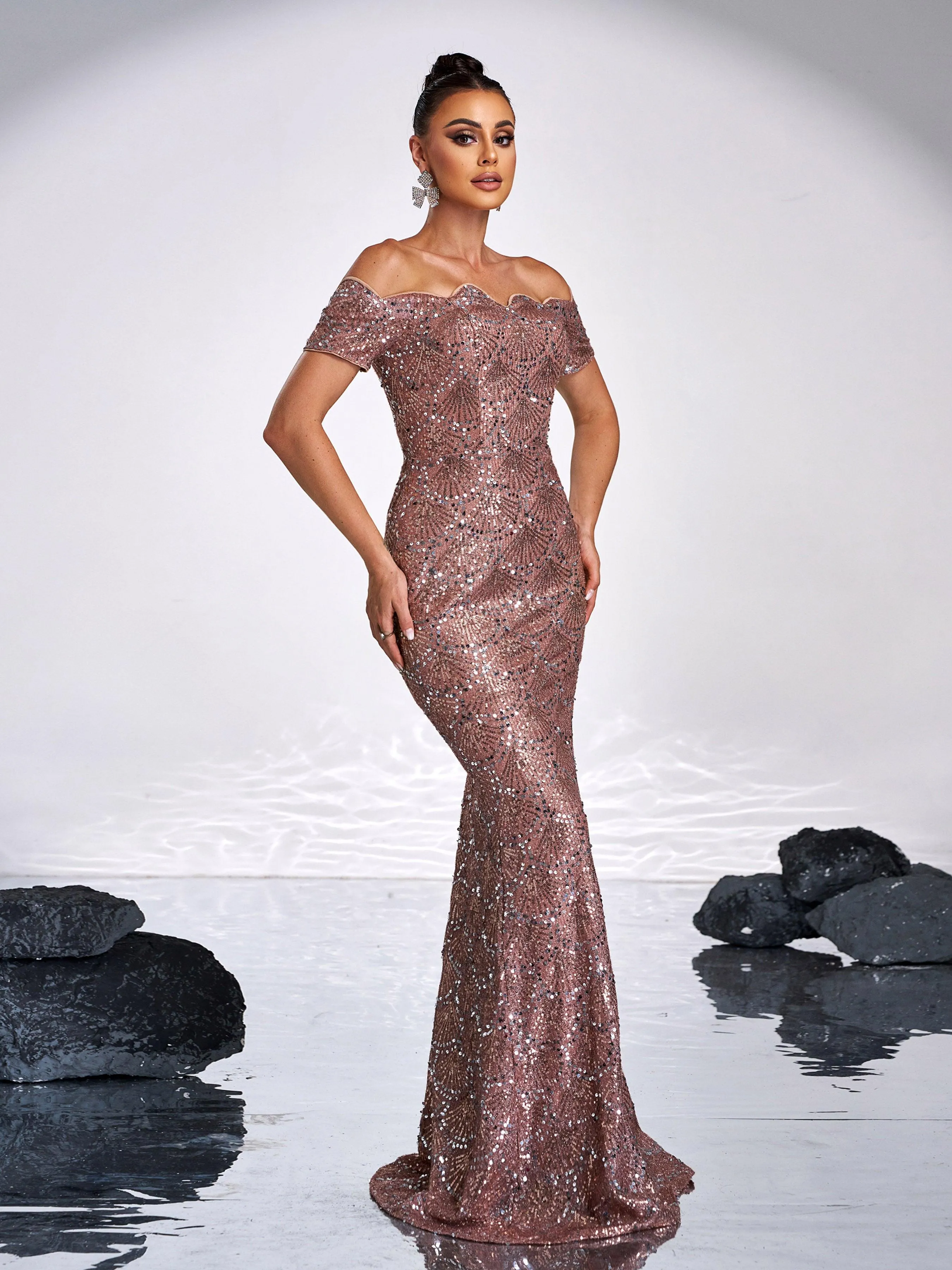Ruffle Neck Black Sequin Evening Dress JMH3139