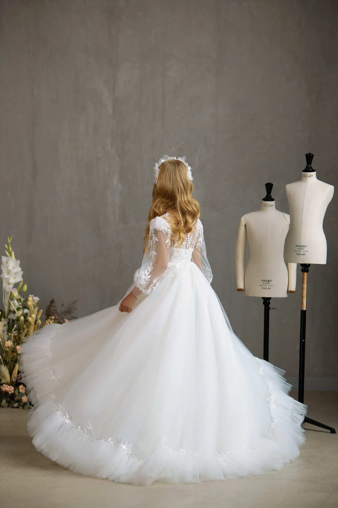 SARNIA – DELICATE COMMUNION DRESS WITH SHEER PUFF SLEEVES AND RUFFLED HEM