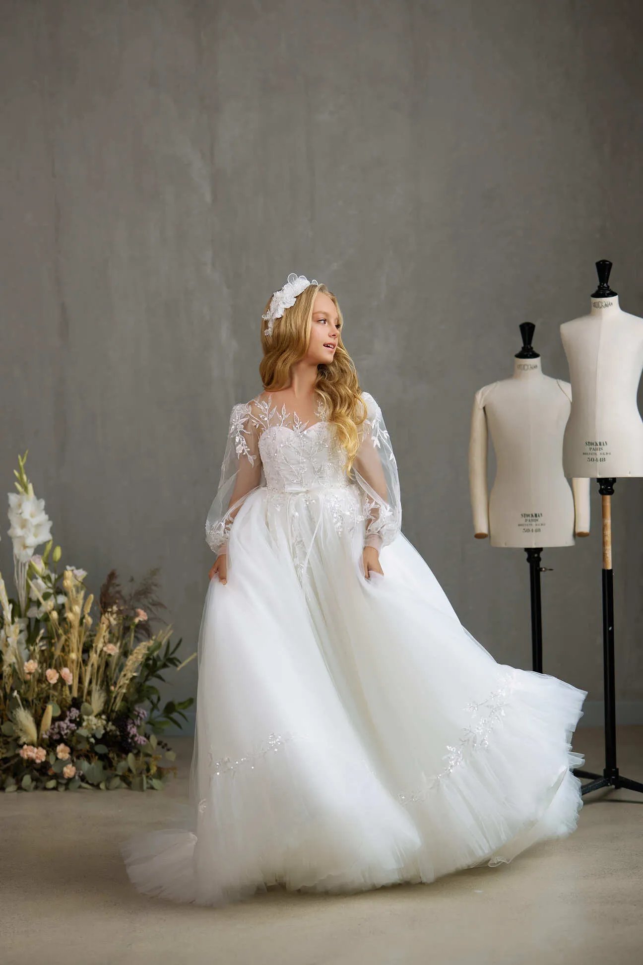 SARNIA – DELICATE COMMUNION DRESS WITH SHEER PUFF SLEEVES AND RUFFLED HEM