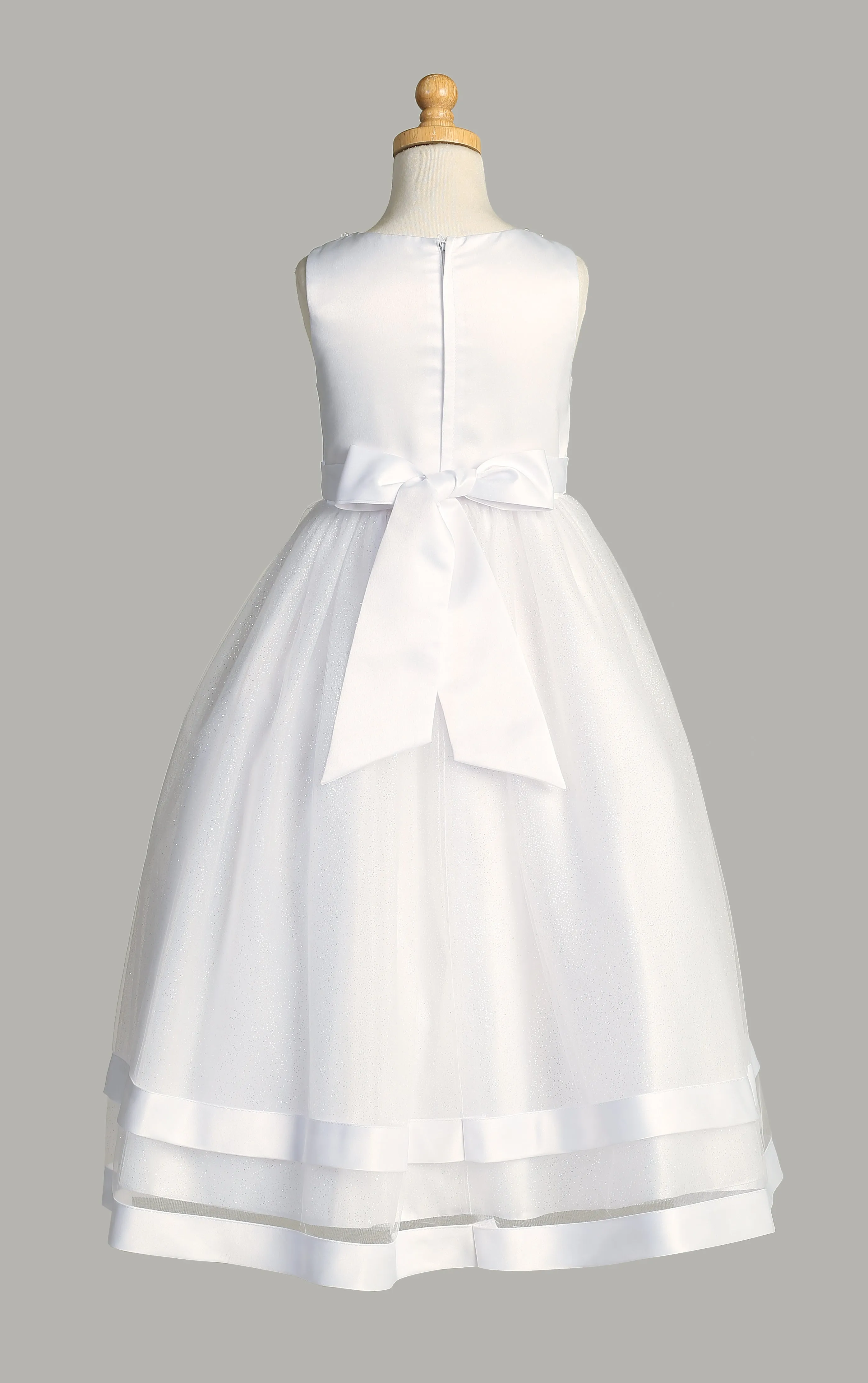 Satin and Glitter Tulle First Communion Dress with Pearl Neckline - SP717