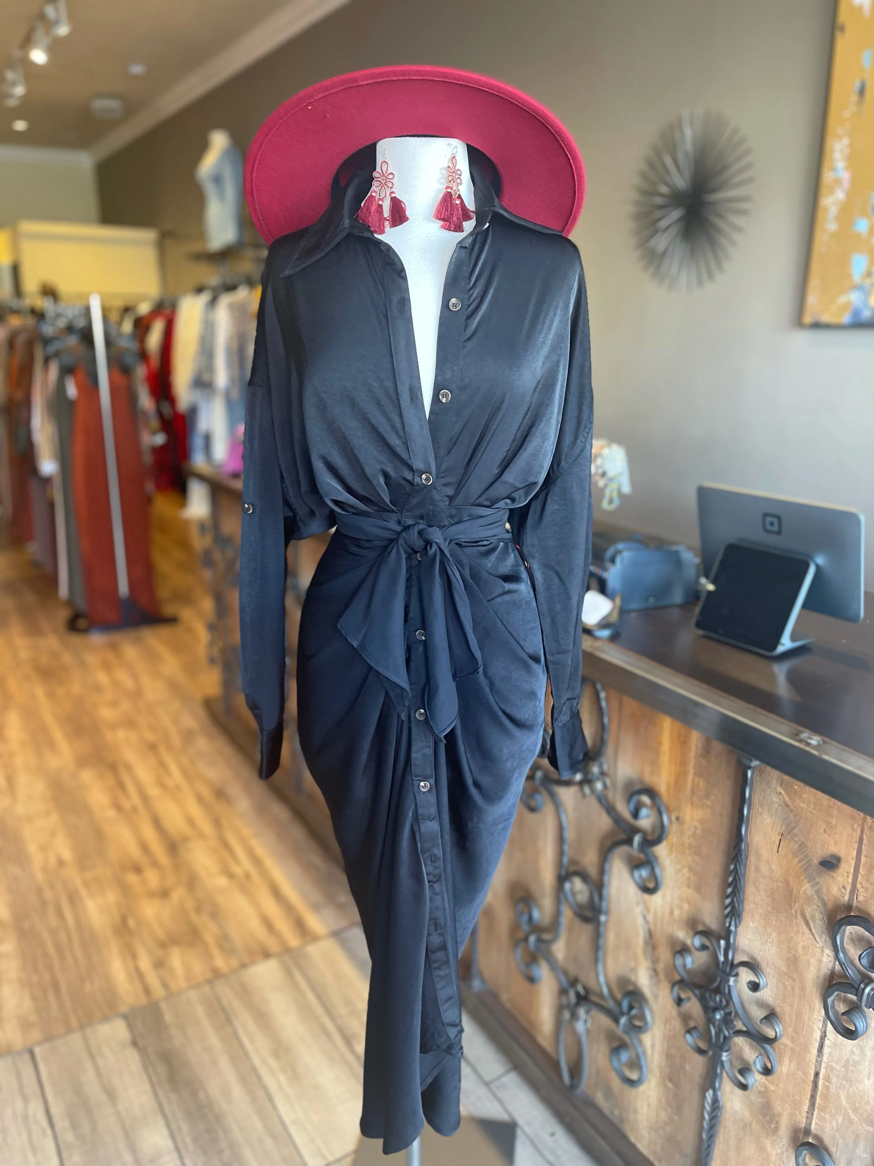 Satin Button Down Shirt Dress W Tye