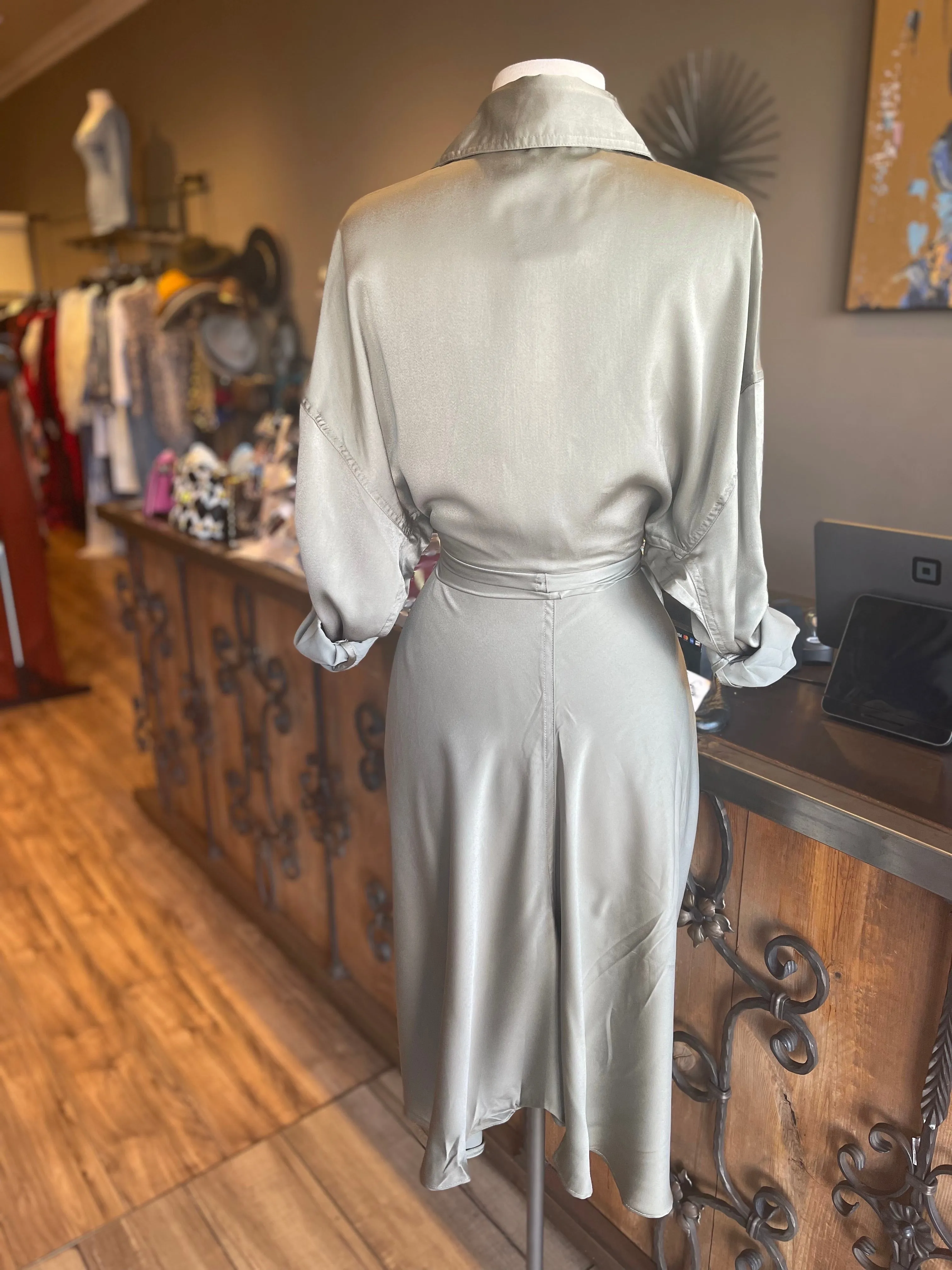 Satin Button Down Shirt Dress W Tye
