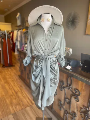 Satin Button Down Shirt Dress W Tye