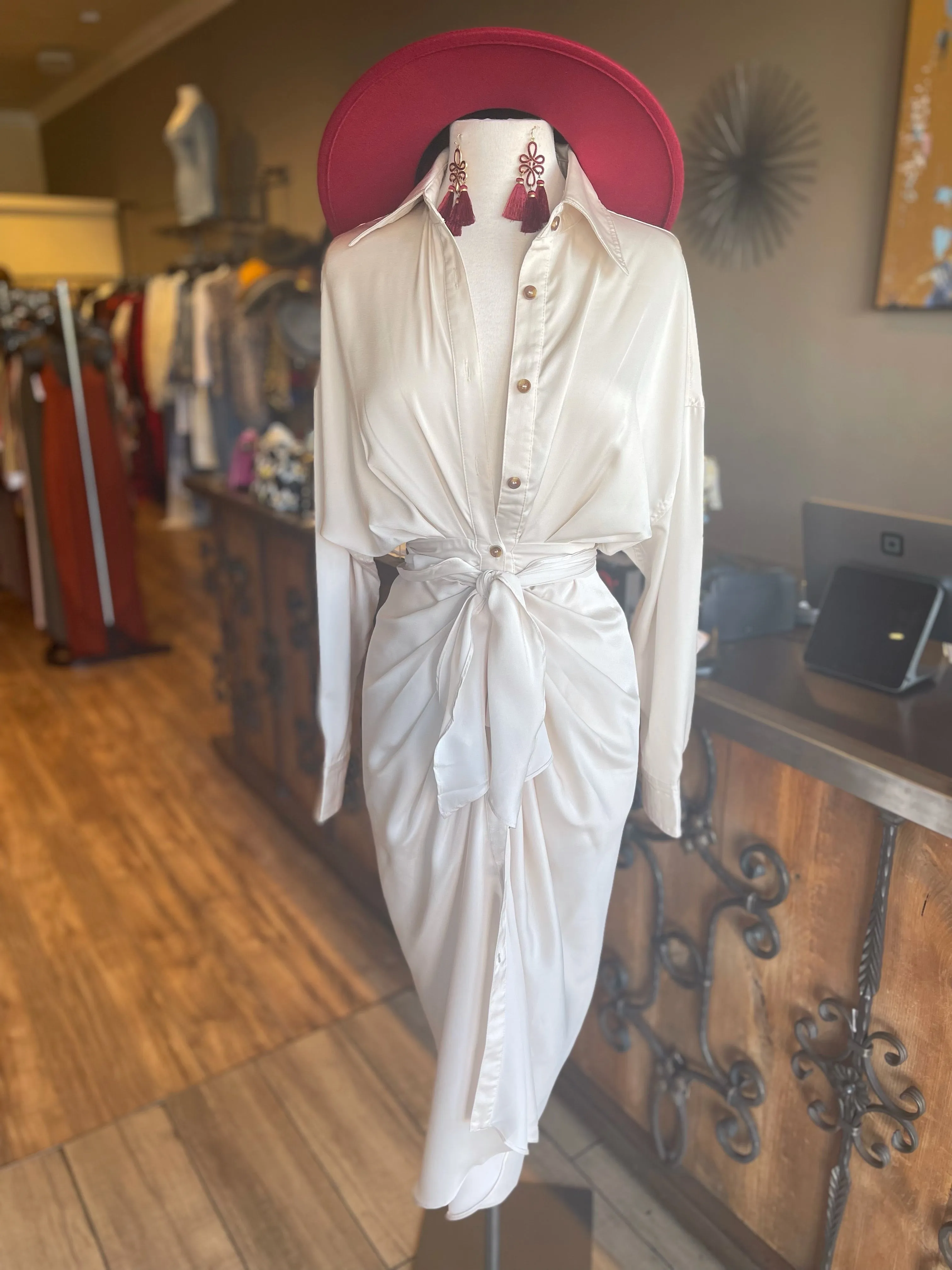 Satin Button Down Shirt Dress W Tye