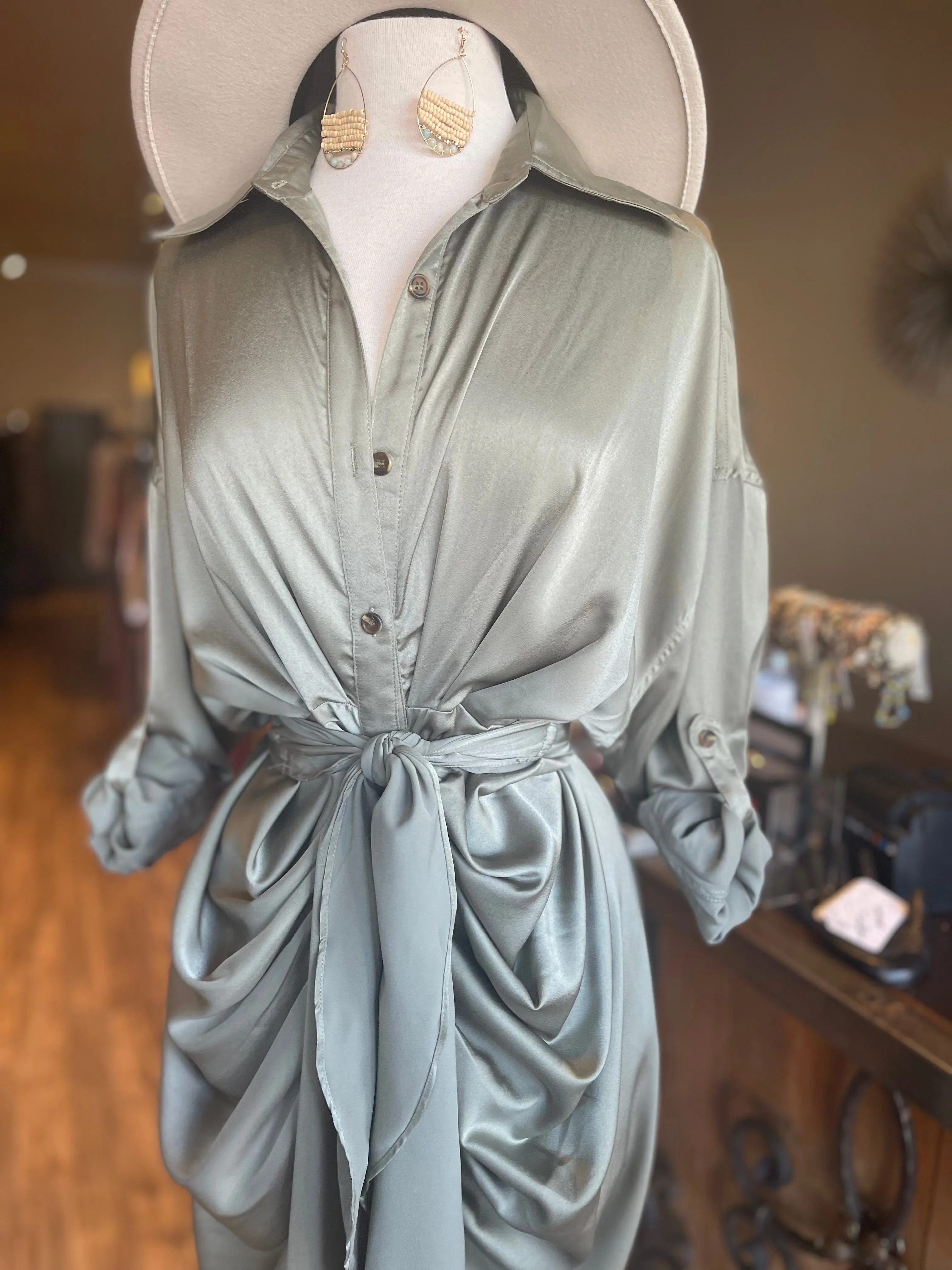Satin Button Down Shirt Dress W Tye