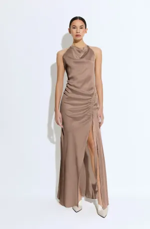Satin Cowl Neck Tab Gown