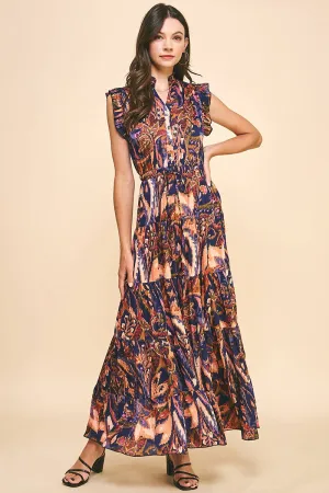Satin Print Maxi Dress - Navy