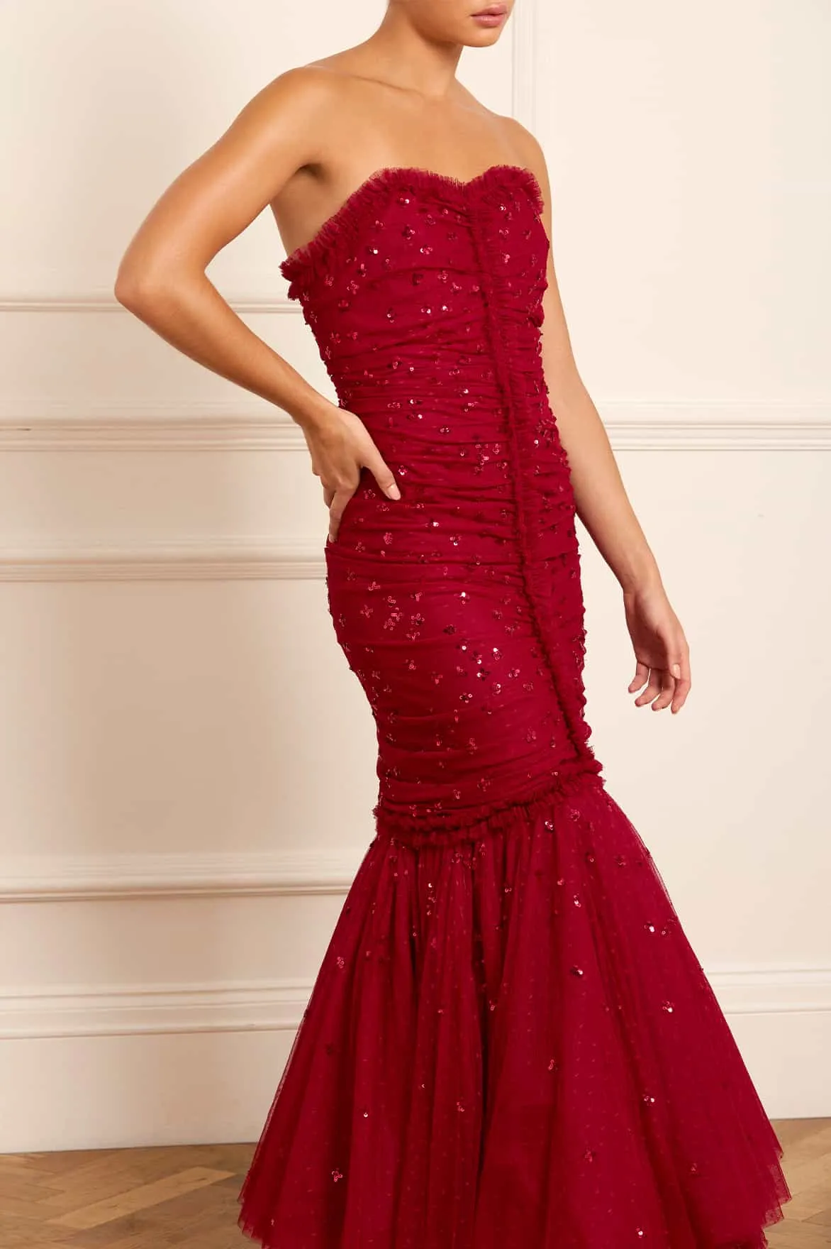 Scatter Sequin Strapless Ankle Gown