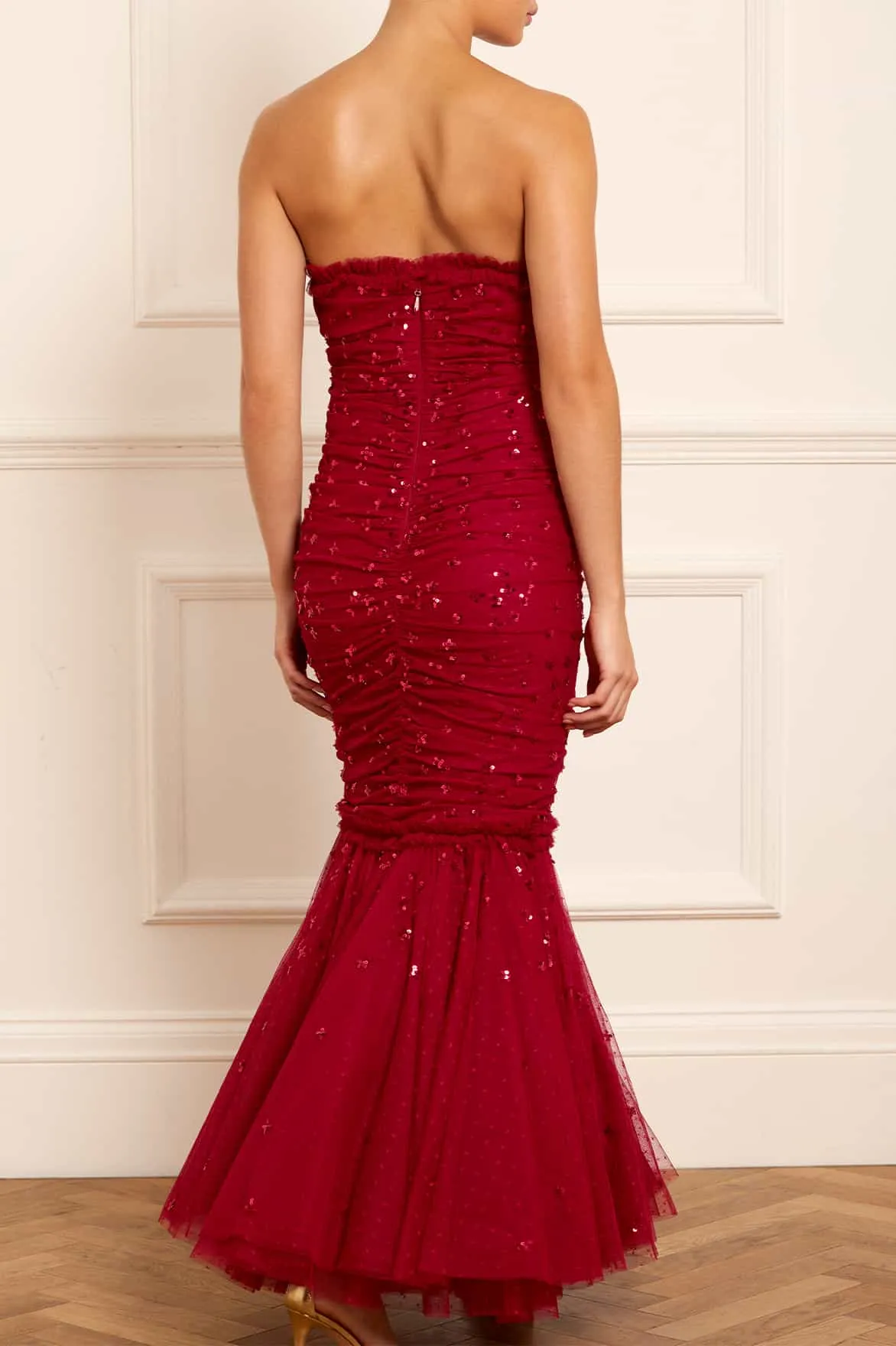 Scatter Sequin Strapless Ankle Gown