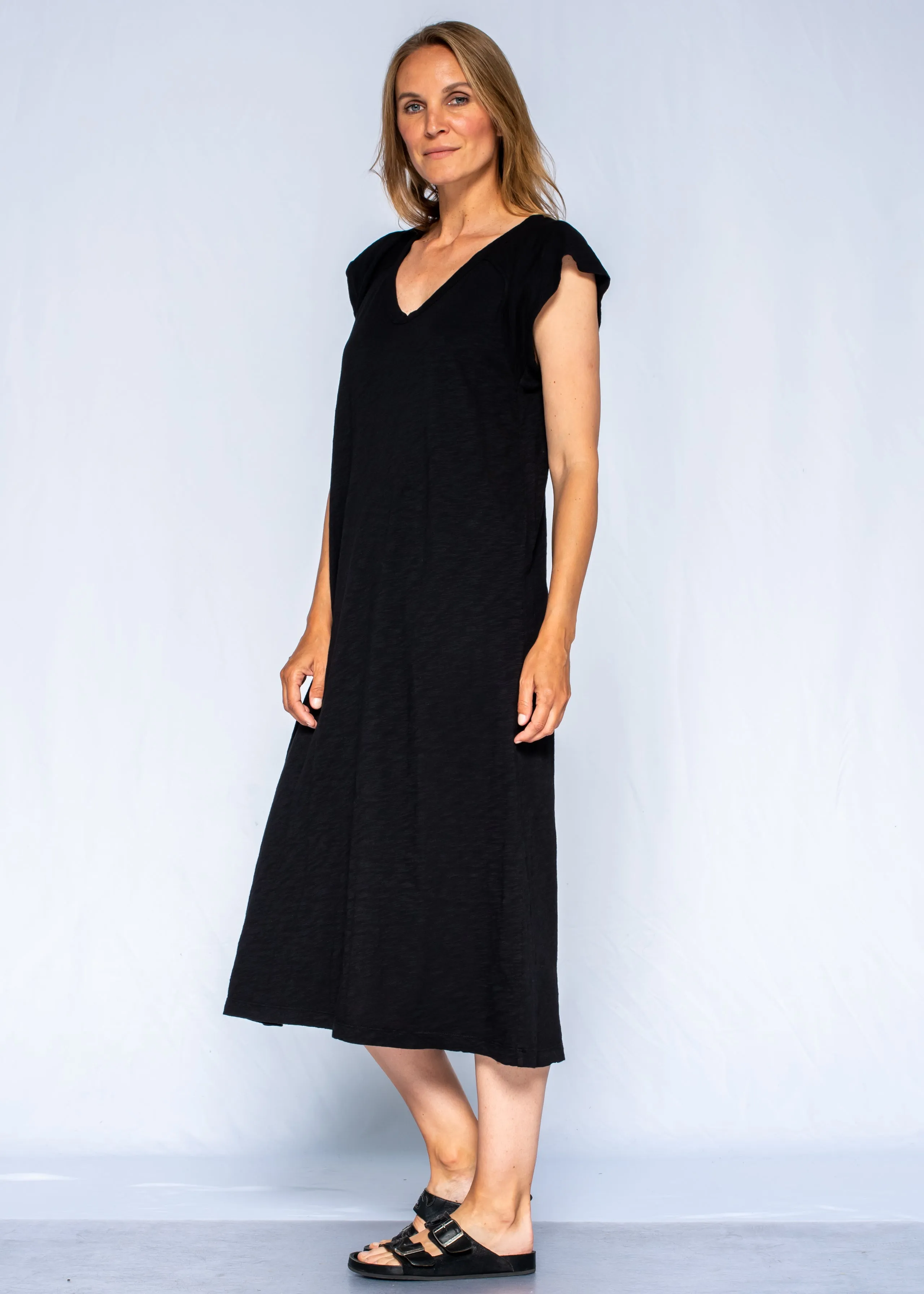 Scoop Neck Flutter Sleeve Trapeze Mid-Calf Dress