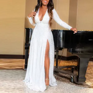 Sequins Deep V-Neck High Split Dress