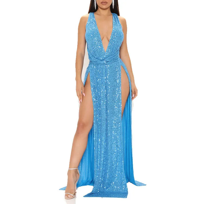 Sequins Deep V-Neck Sleeveless High Slit Maxi Dress