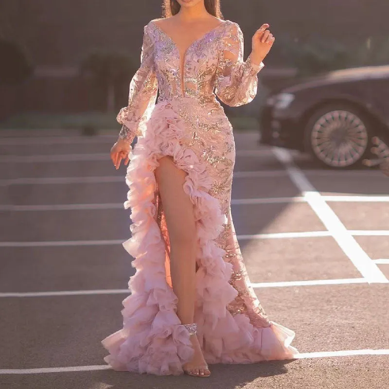 Sequins Long Sleeve Ruffle Design Tulle Train Evening Dress