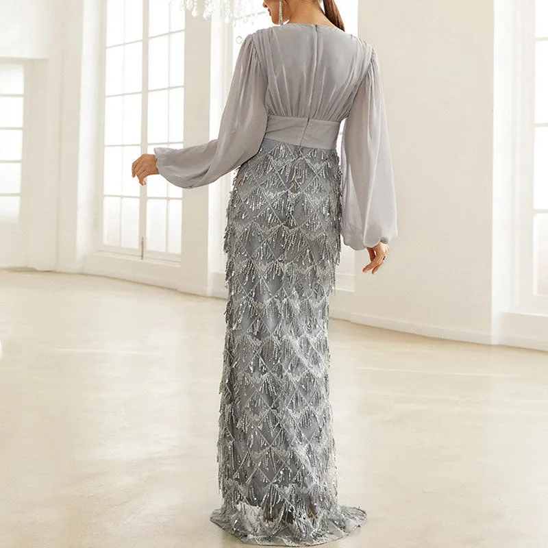 Sequins Long Sleeve V-Neck Tassel Design High Slit Evening Dress
