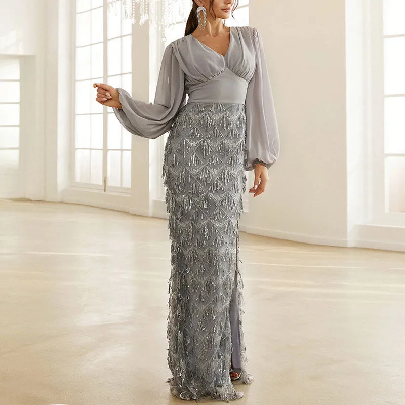Sequins Long Sleeve V-Neck Tassel Design High Slit Evening Dress