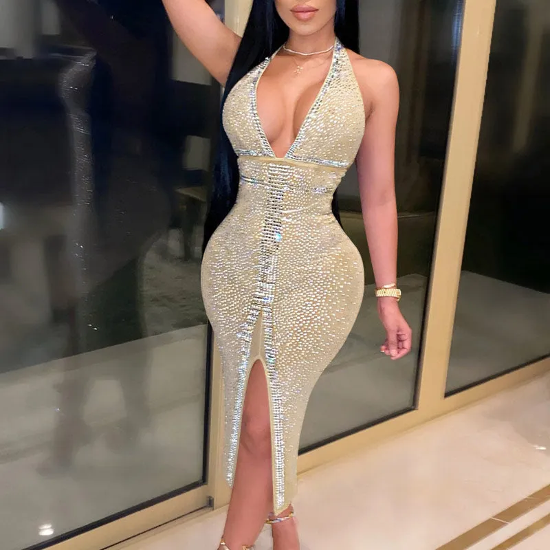 Sequins Rhinestones V-Neck Sleeveless High Split Dress