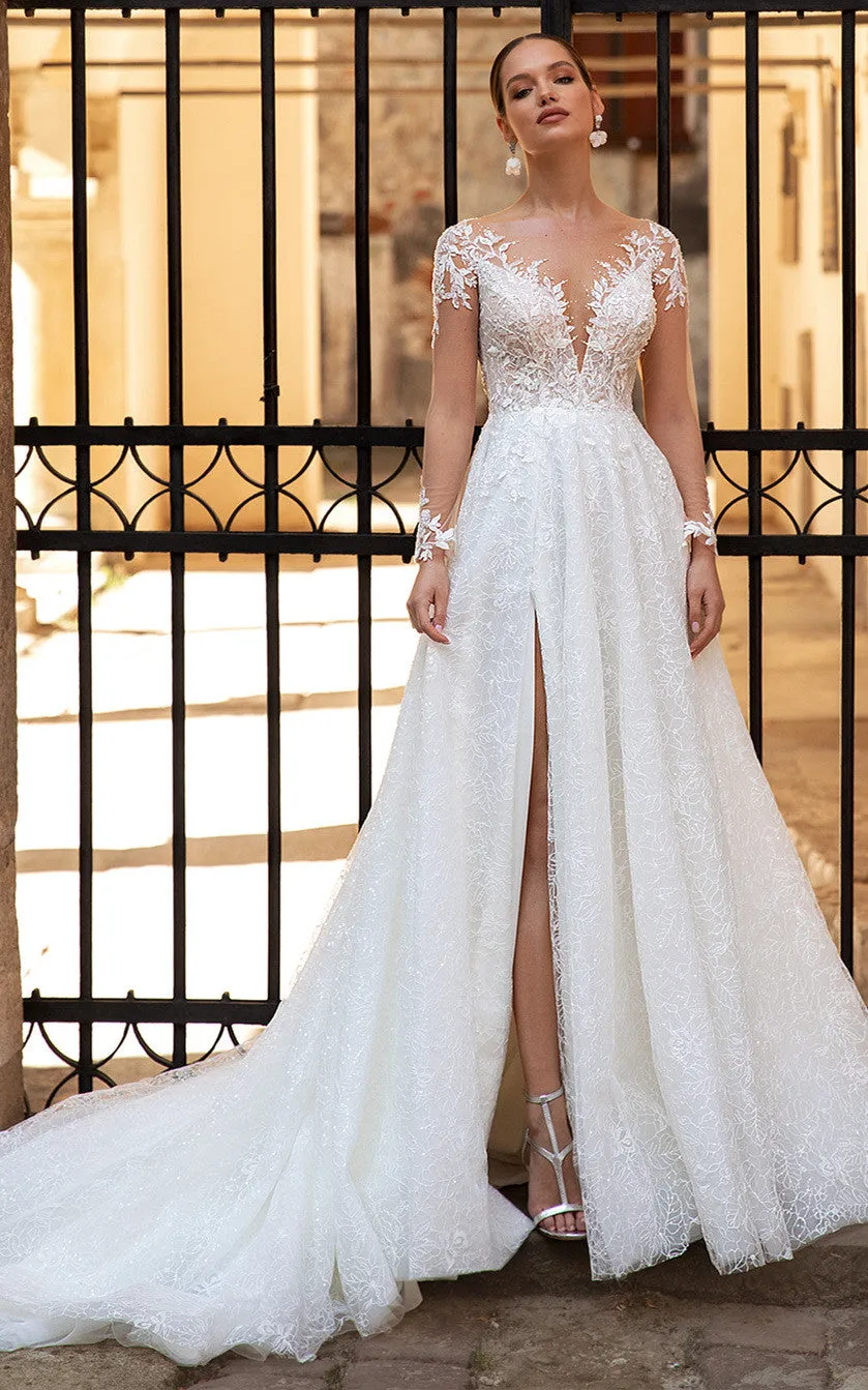 Sexy A Line Sweep Train Tulle Wedding Dress with Split Front and Beading-716313