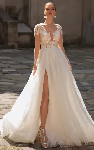 Sexy A Line Sweep Train Tulle Wedding Dress with Split Front and Beading-716313